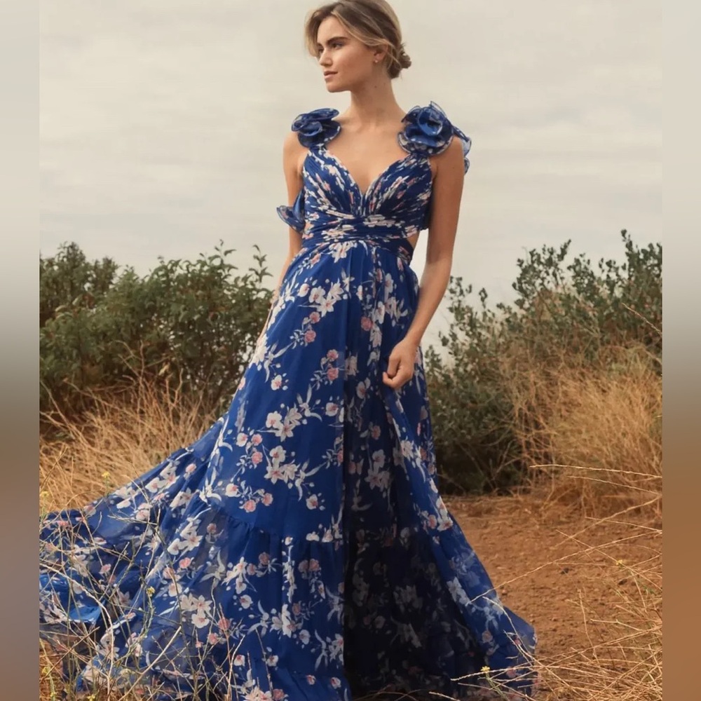 Mac Duggal Blue Ruffle Tiered Floral Cut-Out Chiffon Gown Formal Maxi Size 14